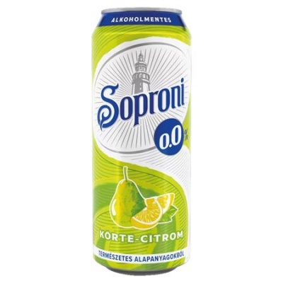 Alkoholmentes sör, 0,5 l, dobozos, SOPRONI "0.0%", körte-citrom